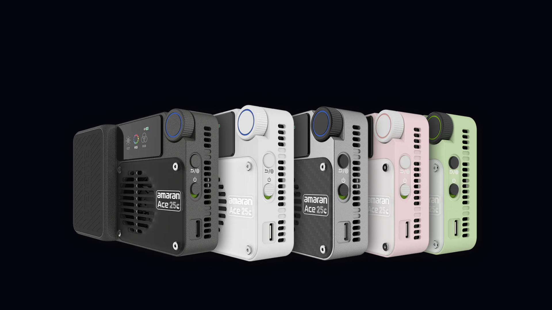 amaran Ace 25x & 25c A series of five Amaran Ace 25c LED lights in different colors—black, white, dark grey, pink, and light green—are arranged diagonally against a dark grey background. The text