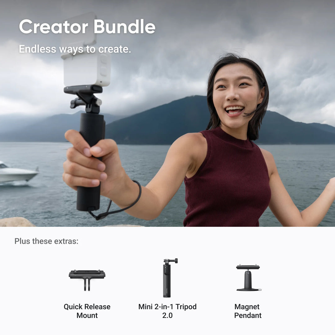 Woman holding a camera stabilizer with scenic background and text about Creator Bundle.