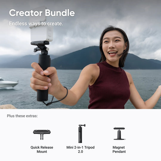 Woman holding a camera stabilizer with scenic background and text about Creator Bundle.
