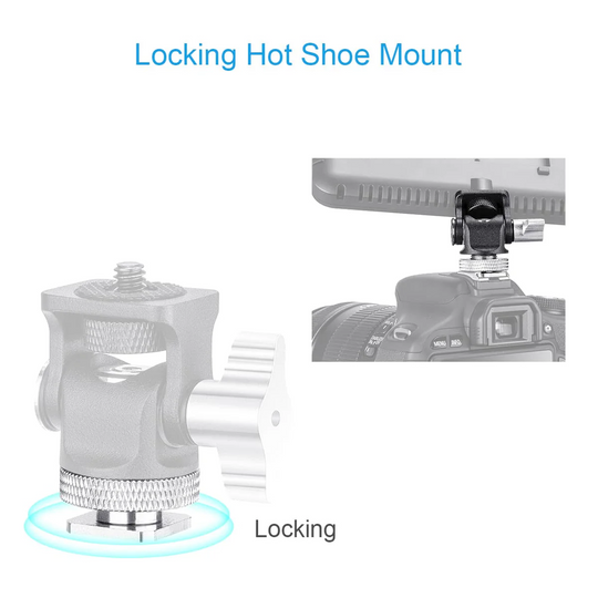 Locking hot shoe mount with camera illustration on a white background