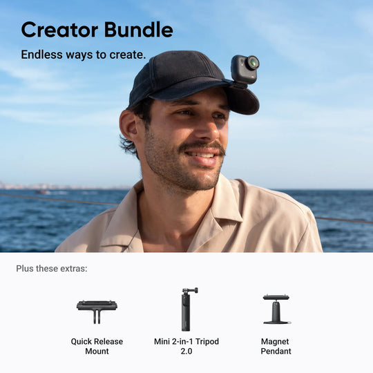 Man wearing a camera on his cap with ocean view, featuring 'Creator Bundle' text and product extras.