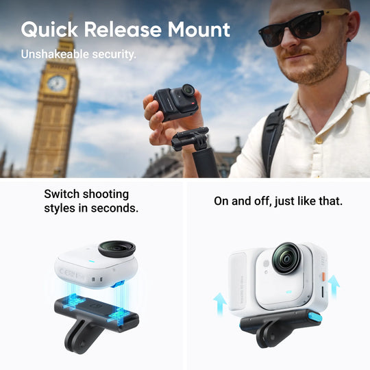 Man holding a camera with a quick release mount against a backdrop of Big Ben.