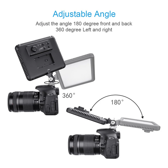 Camera with adjustable light panel and camera arm on a white background