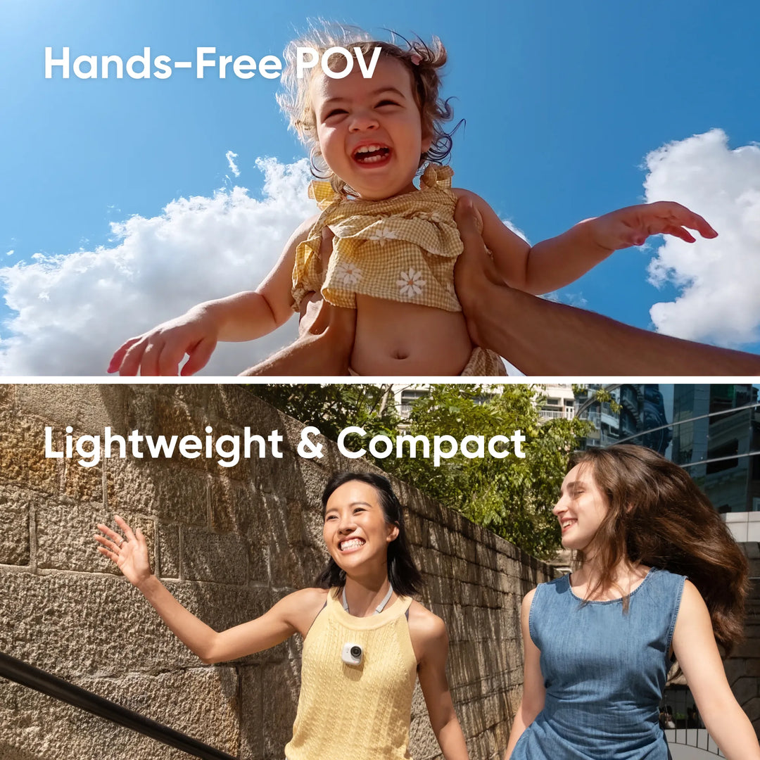 Top photo shows a child with 'Hands-Free POV' text, bottom photo shows two women with 'Lightweight & Compact' text.