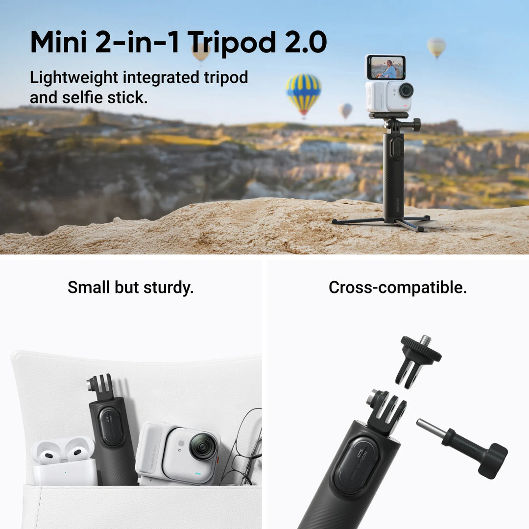 Mini 2-in-1 tripod 2.0 with camera on a scenic background
