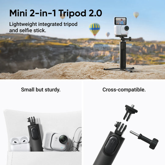 Mini 2-in-1 tripod 2.0 with camera on a scenic background