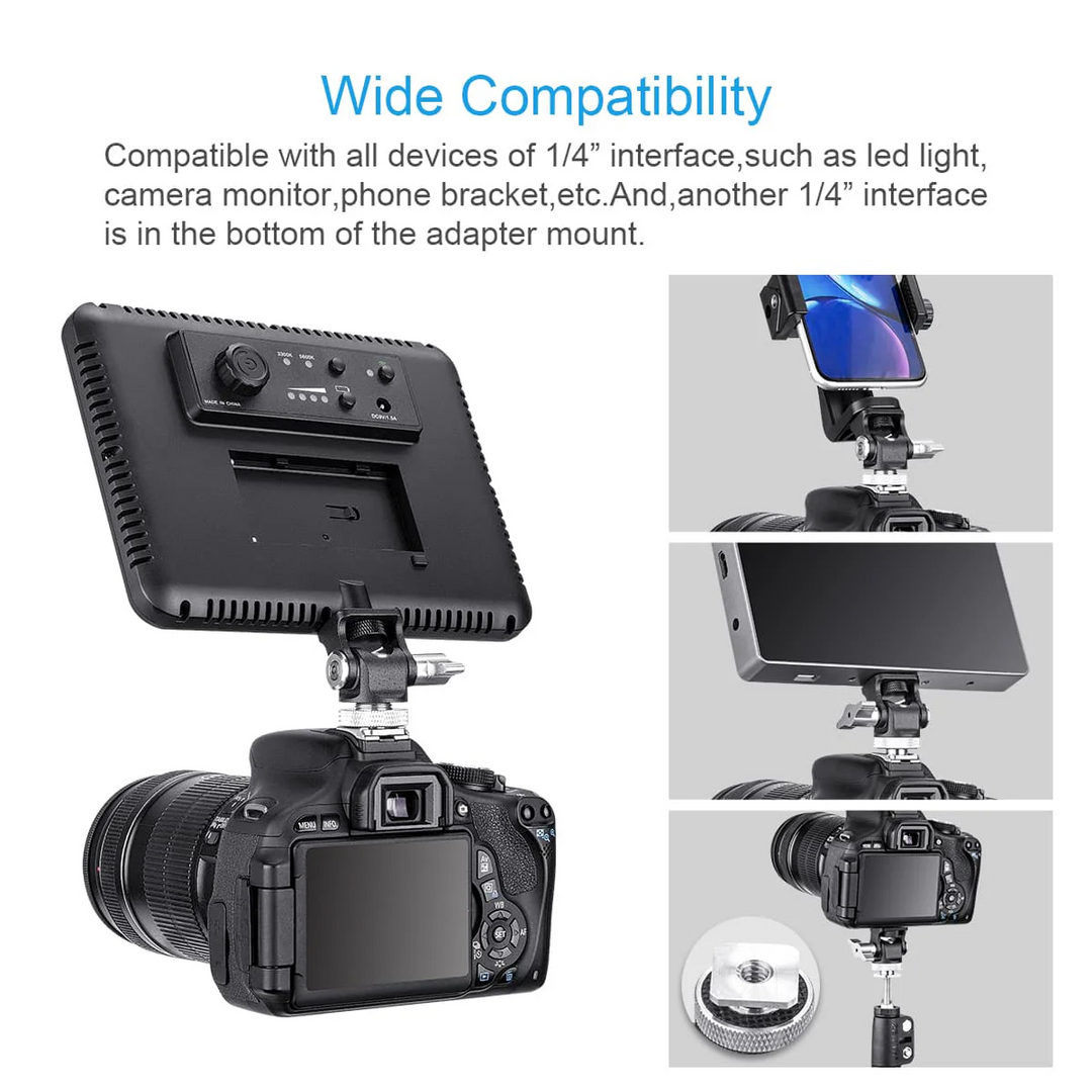 Camera adapter mount with compatibility text and images of devices attached.
