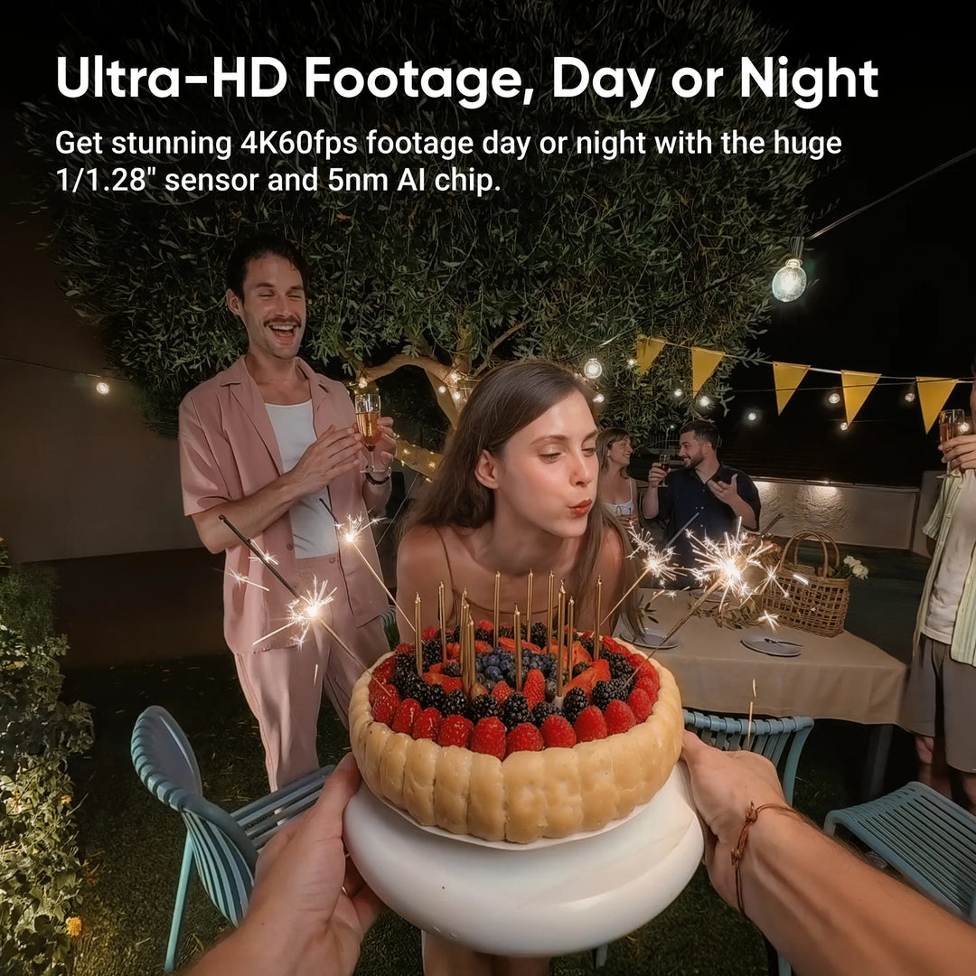 Woman blowing out candles on a cake with people around, outdoor setting with text about camera features.