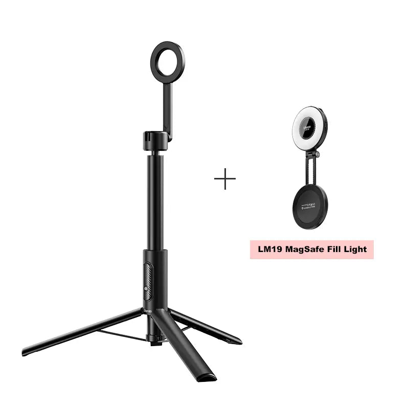 Black selfie stick with ring light on a white background