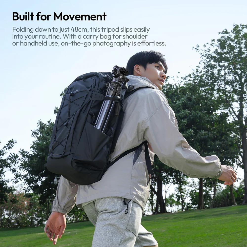 Person with a backpack and tripod walking outdoors, with text about the tripod's features.
