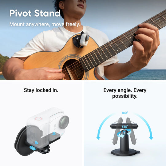 Person playing guitar with Pivot Stand and stand's features highlighted