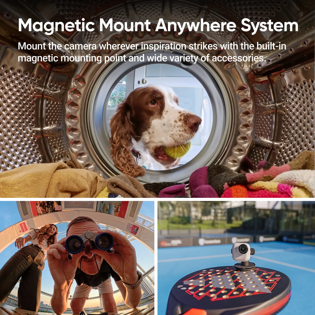 Dog inside a washing machine with a camera and accessories, showcasing the magnetic mount system.