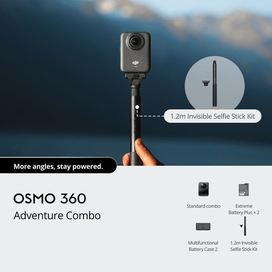 OSMO 360 Adventure Combo with camera and selfie stick against a mountainous background
