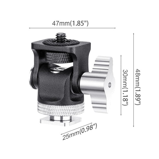 Camera tripod head with dimensions labeled on a white background