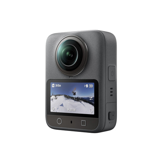 Action camera with a screen displaying a snowy landscape on a white background