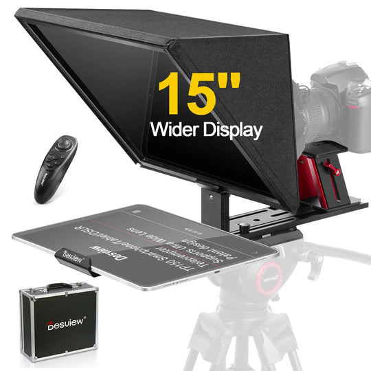 15-inch wider display screen teleprompter with camera and remote control on a white background