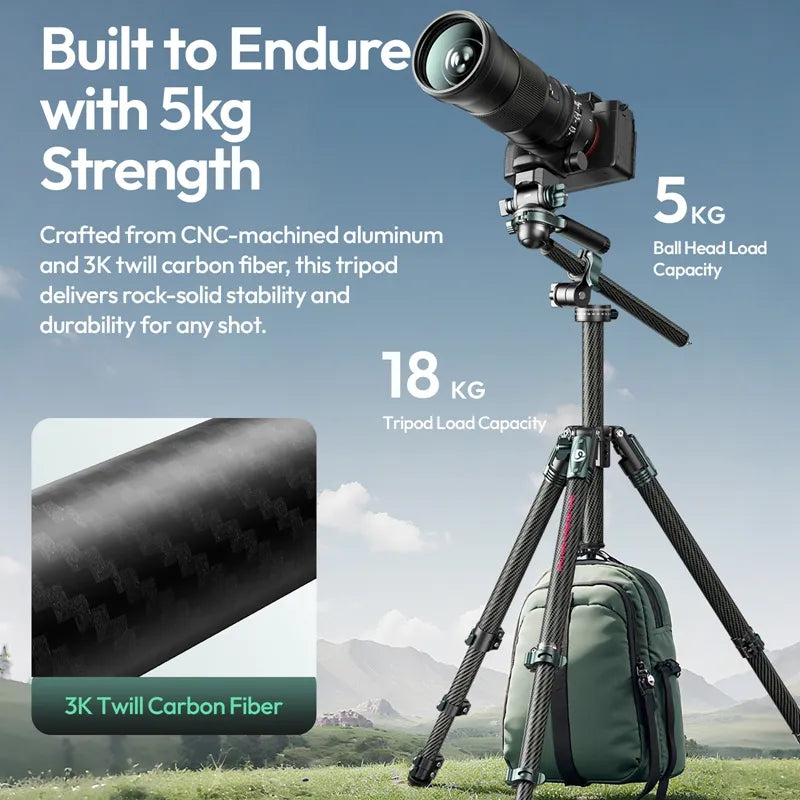 Tripod with carbon fiber material feature and load capacity details on a scenic background