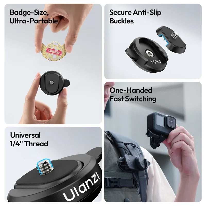 Product features including badge-size, ultra-portable design, secure anti-slip buckles, one-handed fast switching, and universal 1/4 inch thread.