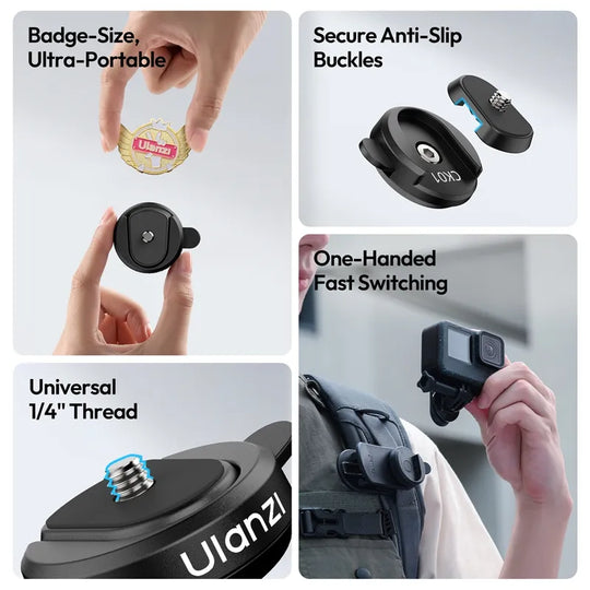 Product features including badge-size, ultra-portable design, secure anti-slip buckles, one-handed fast switching, and universal 1/4 inch thread.