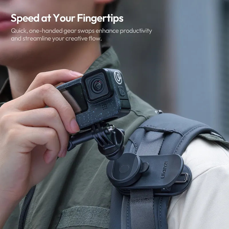 Person wearing a backpack with a camera attached, featuring the brand 'Ulanzi'.