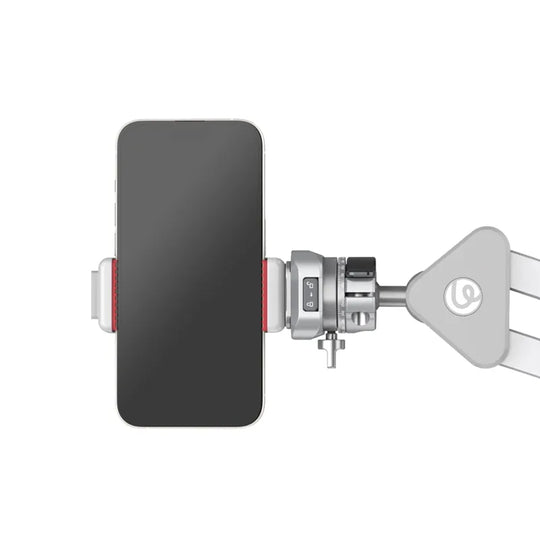 Phone mount with a smartphone attached on a white background