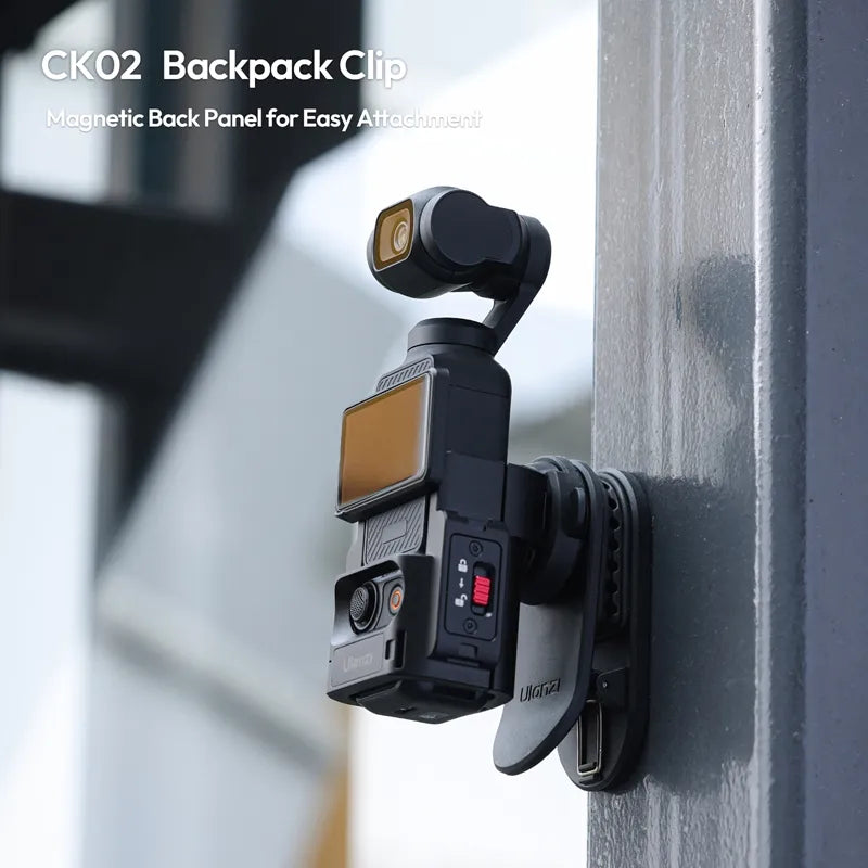 Camera with backpack clip attached to a wall, featuring the CK02 model.