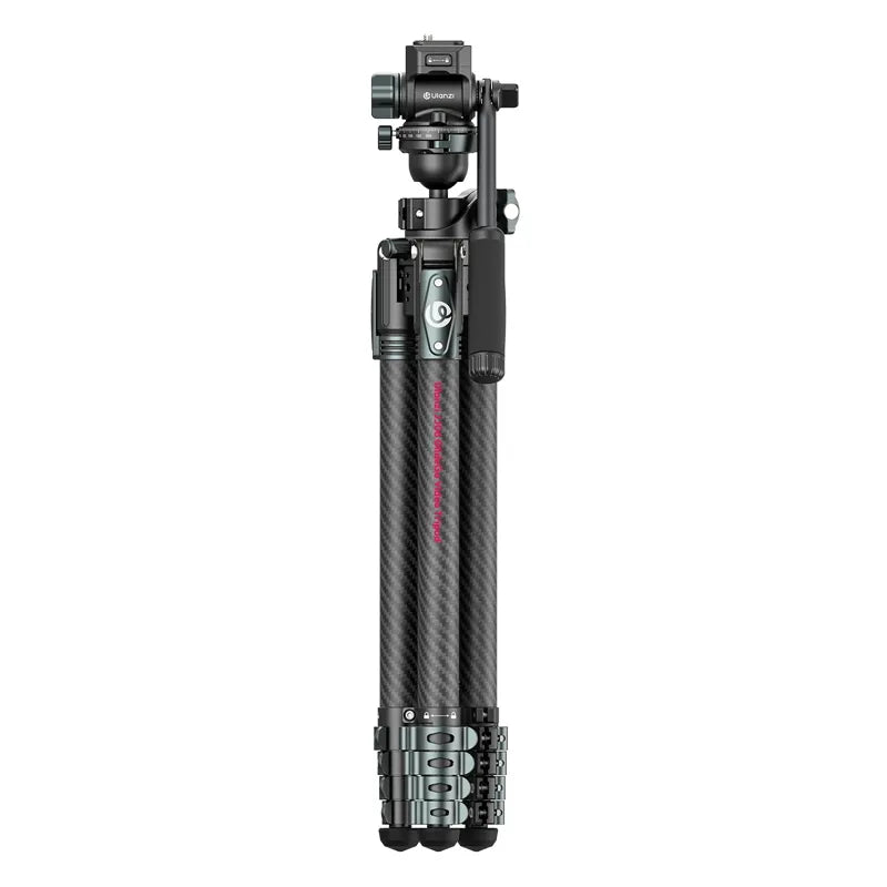 Carbon fiber tripod with camera mount on a white background