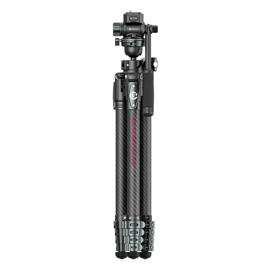 Carbon fiber tripod with camera mount on a white background