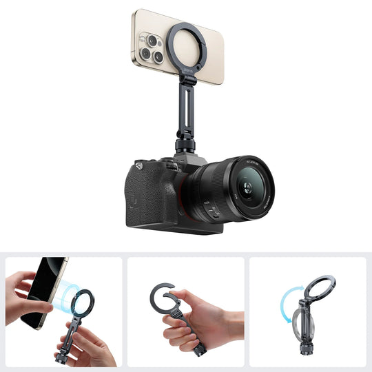 Camera with a smartphone holder and ring light on a white background