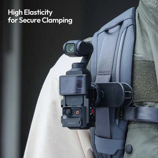 Camera mounted on a backpack with 'High Elasticity for Secure Clamping' text