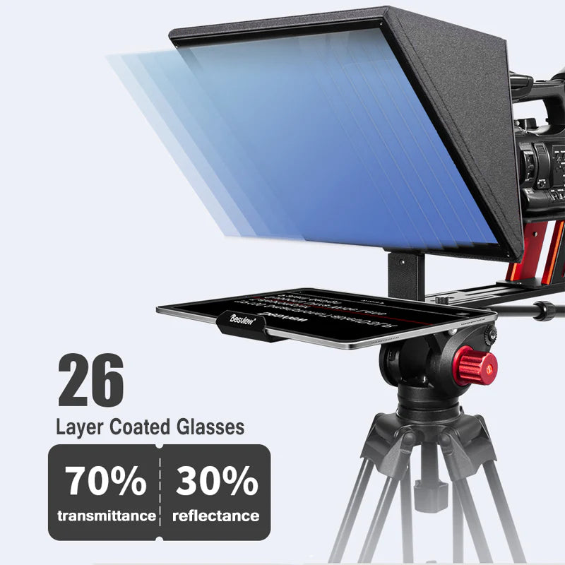 Video camera with glass screen on a stand, featuring text about layer coating and transmittance.