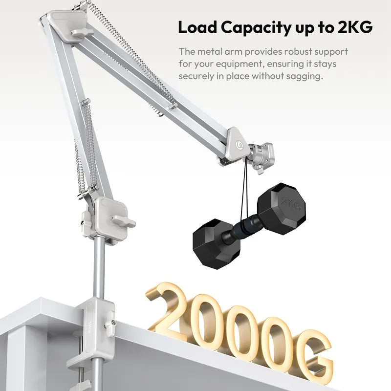 Metal arm with load capacity up to 2KG holding a dumbbell above a platform with '2000G' label.