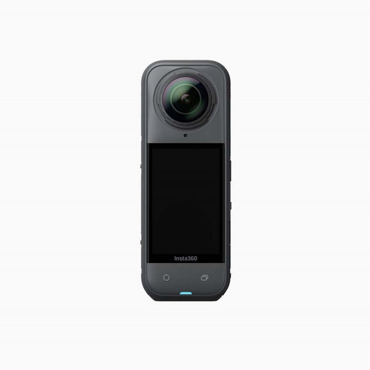 Insta360 X5 360 action camera with dual lenses, predominantly black in color.