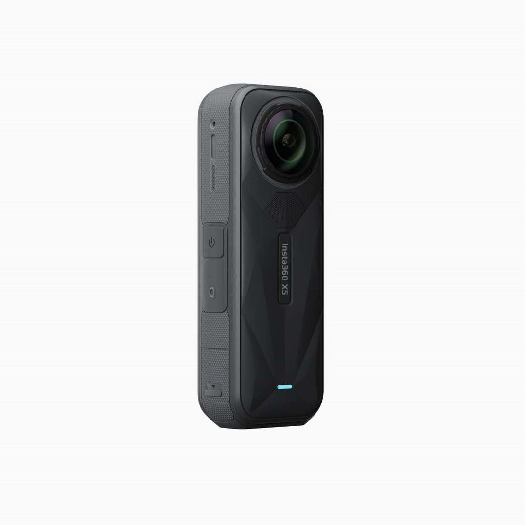 Insta360 X5 360 action camera with dual lenses, predominantly black in color.