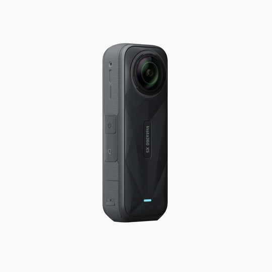 Insta360 X5 360 action camera with dual lenses, predominantly black in color.