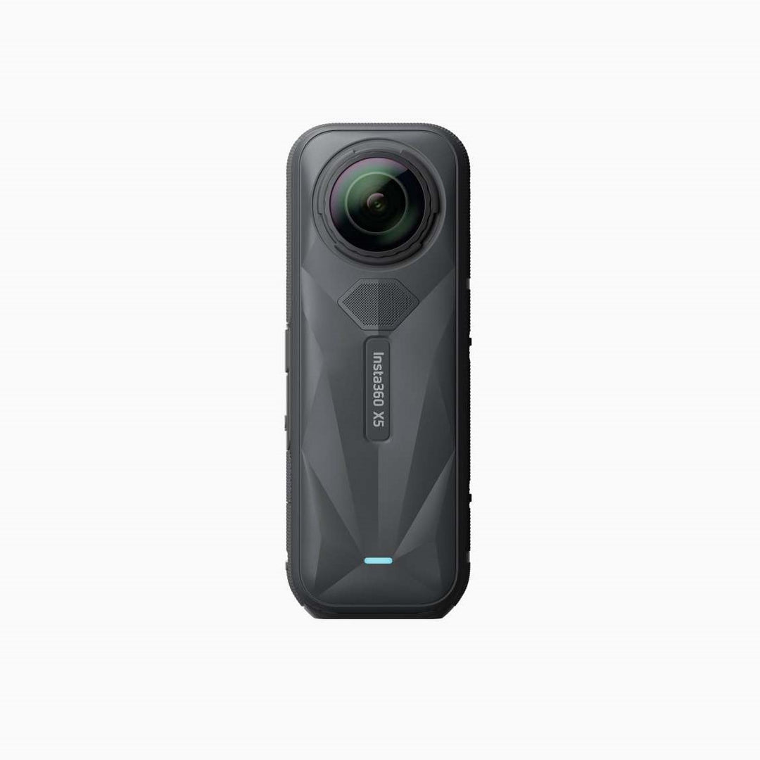Back view of Insta360 X5 360 action camera with dual lenses, predominantly black in color.