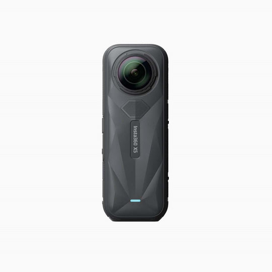 Back view of Insta360 X5 360 action camera with dual lenses, predominantly black in color.