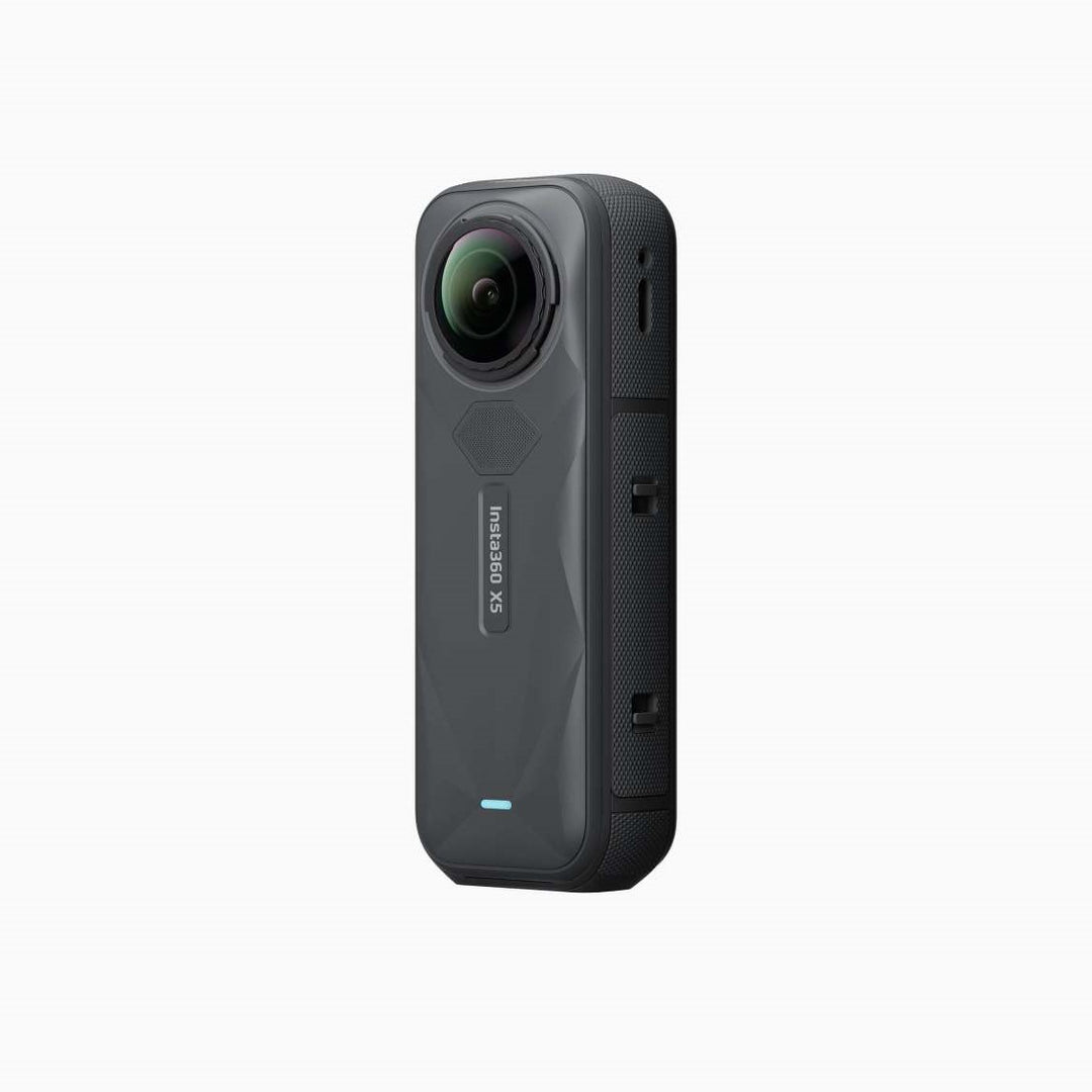 Insta360 X5 360 action camera with dual lenses, predominantly black in color.