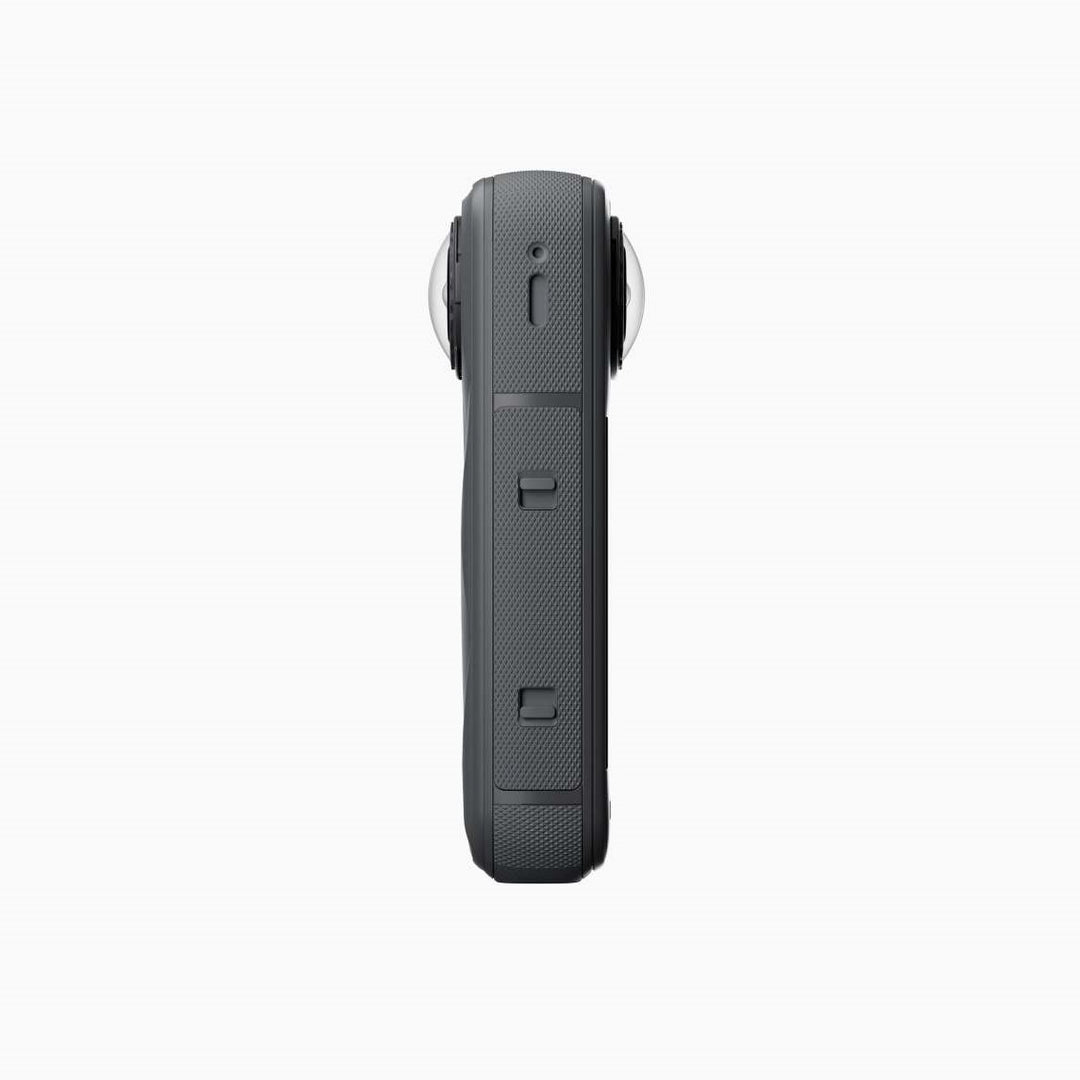 Side view of Insta360 X5 360 action camera with dual lenses, predominantly black in color.