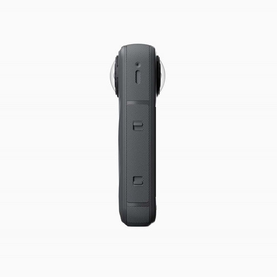 Side view of Insta360 X5 360 action camera with dual lenses, predominantly black in color.