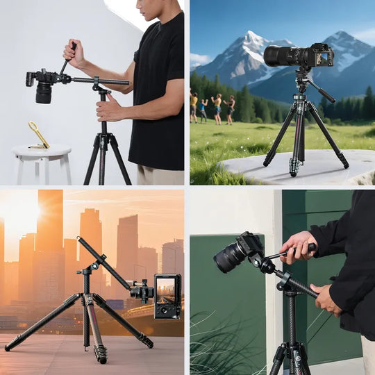 Collage of a camera tripod in various settings with people using it.