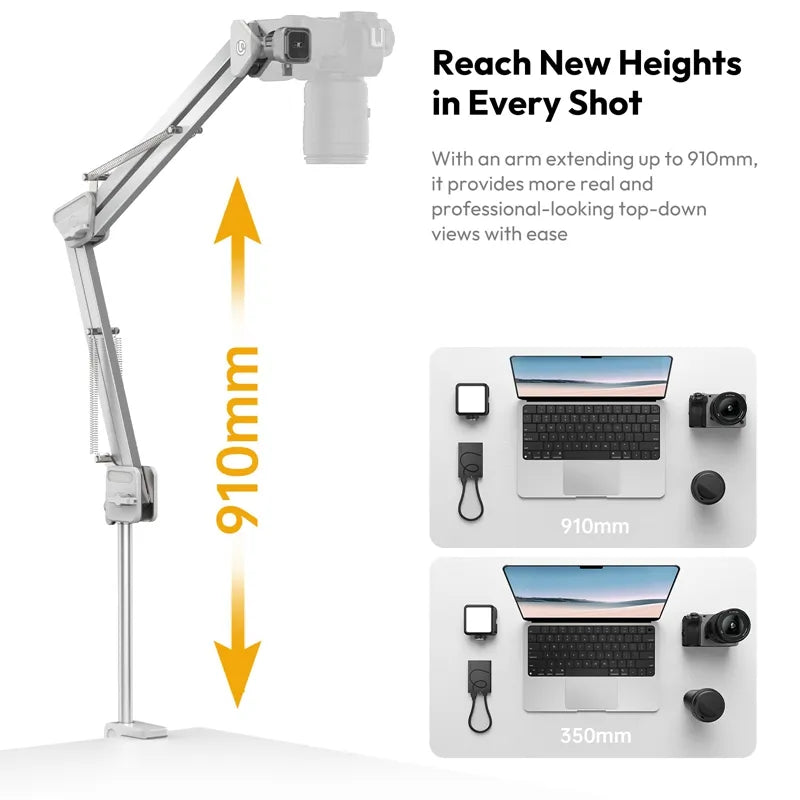 Camera arm with adjustable extension, showing its reach and benefits for photography.
