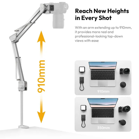 Camera arm with adjustable extension, showing its reach and benefits for photography.