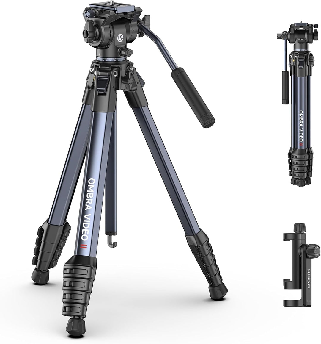 Camera tripod with additional attachments on a white background