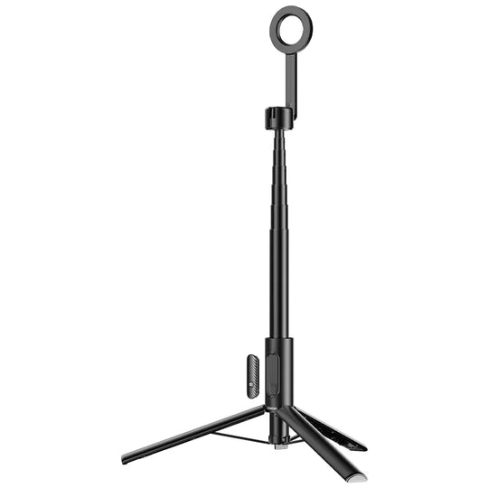 Black selfie stick with adjustable arm on a white background