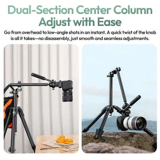 Camera stabilizer with dual-section center column adjusting between overhead and low-angle shots.