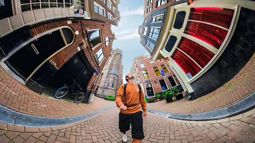 Person walking on a street with a fisheye lens effect