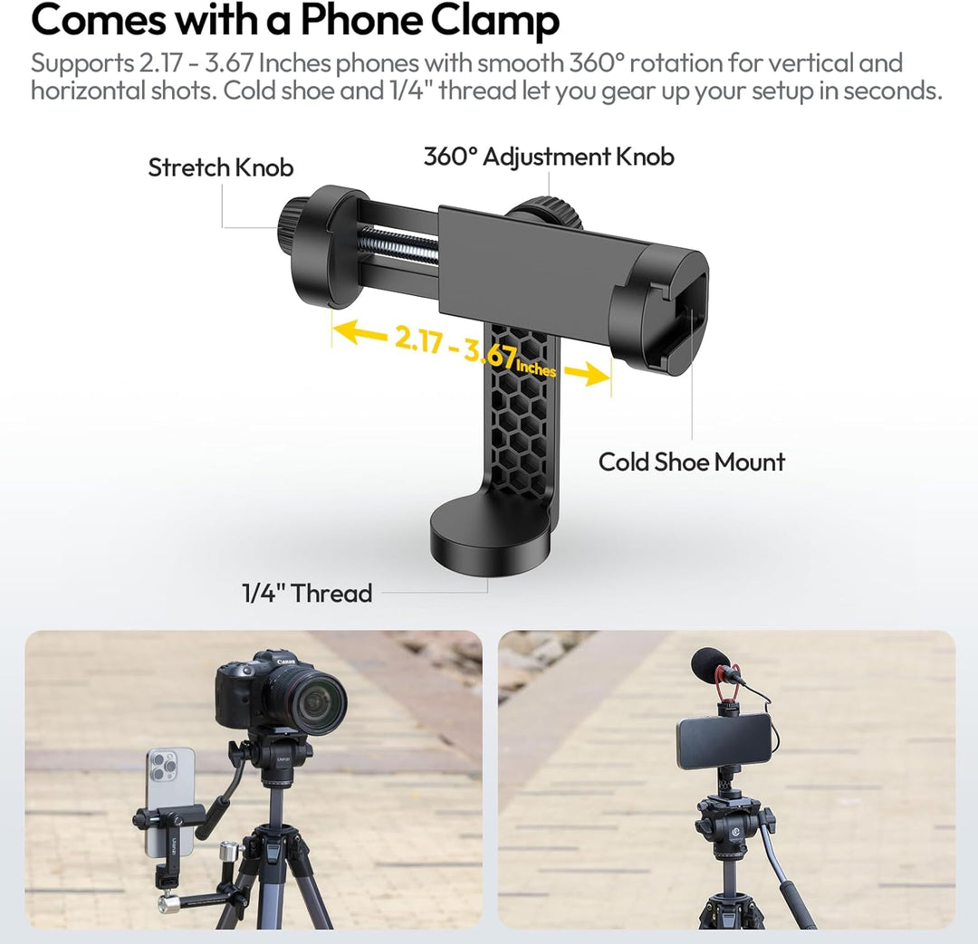 Phone clamp with 360-degree adjustment knob and cold shoe mount on a white background
