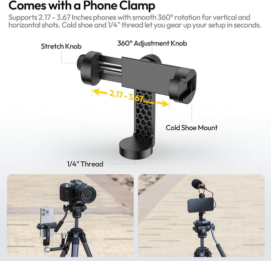 Phone clamp with 360-degree adjustment knob and cold shoe mount on a white background