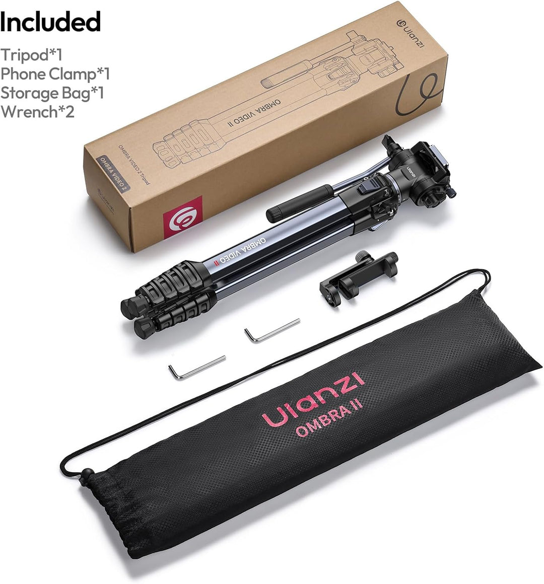 Ulanzi Ombra II tripod with packaging and accessories on a white background